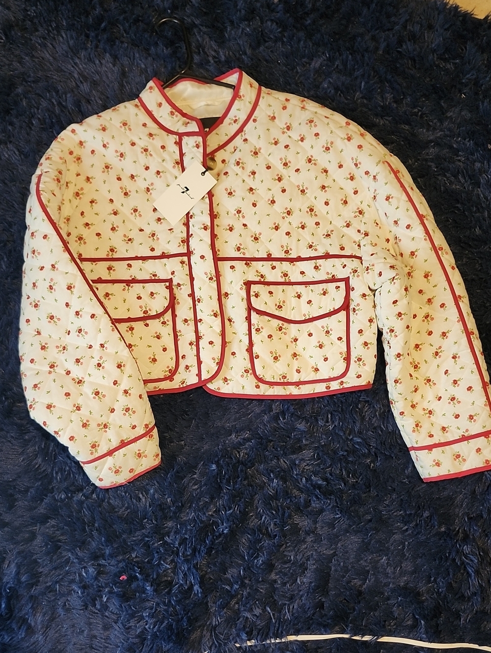 7 For All Mankind Cream Quilted Floral Puffer with Red Trim